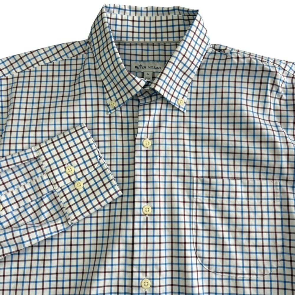 Peter Millar Button Down Long Sleeve Shirt Mens Large Blue Brown Check Preppy